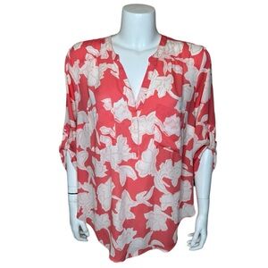 Torrid Harper Coral Pink Floral Top Blouse 1X Pullover Georgette Fabric